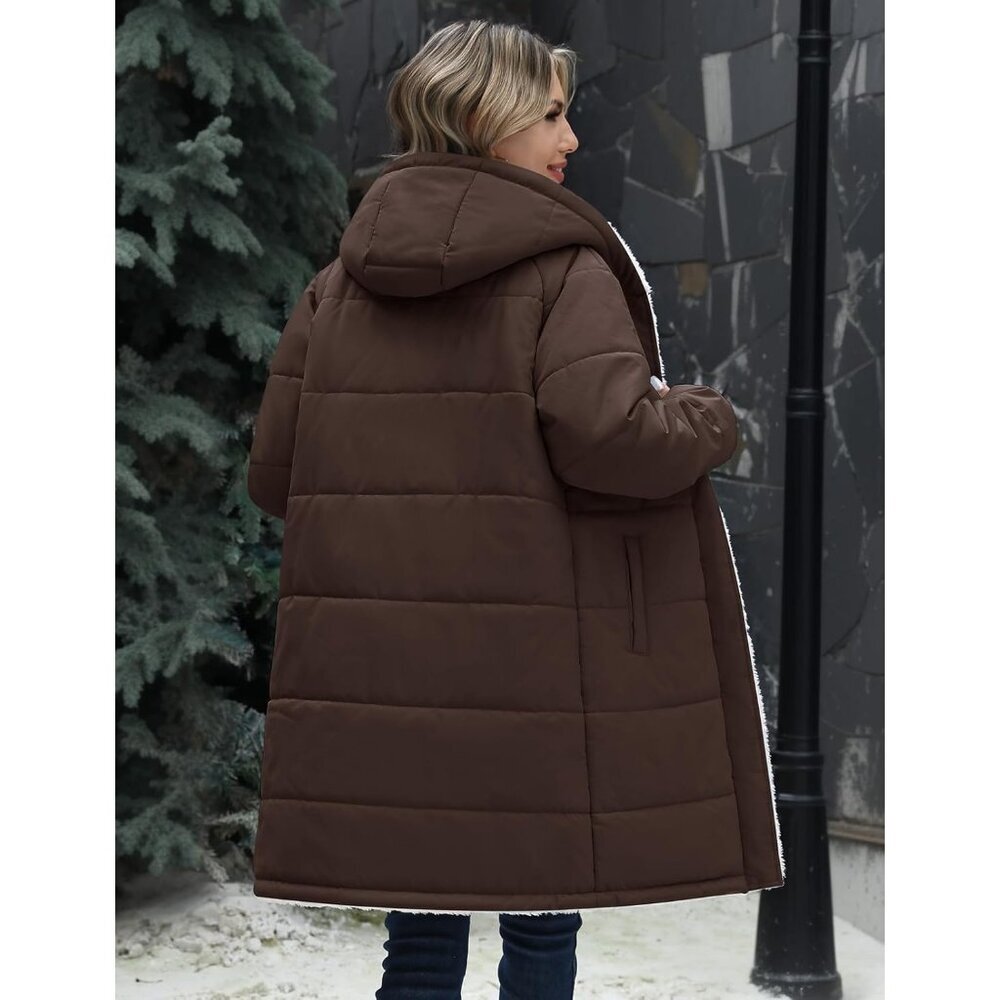 Women's Long Coffee Hooded Puffer Down Jacket Coat Fleece Warm Fashion Outerwear - Picture 3 of 9
